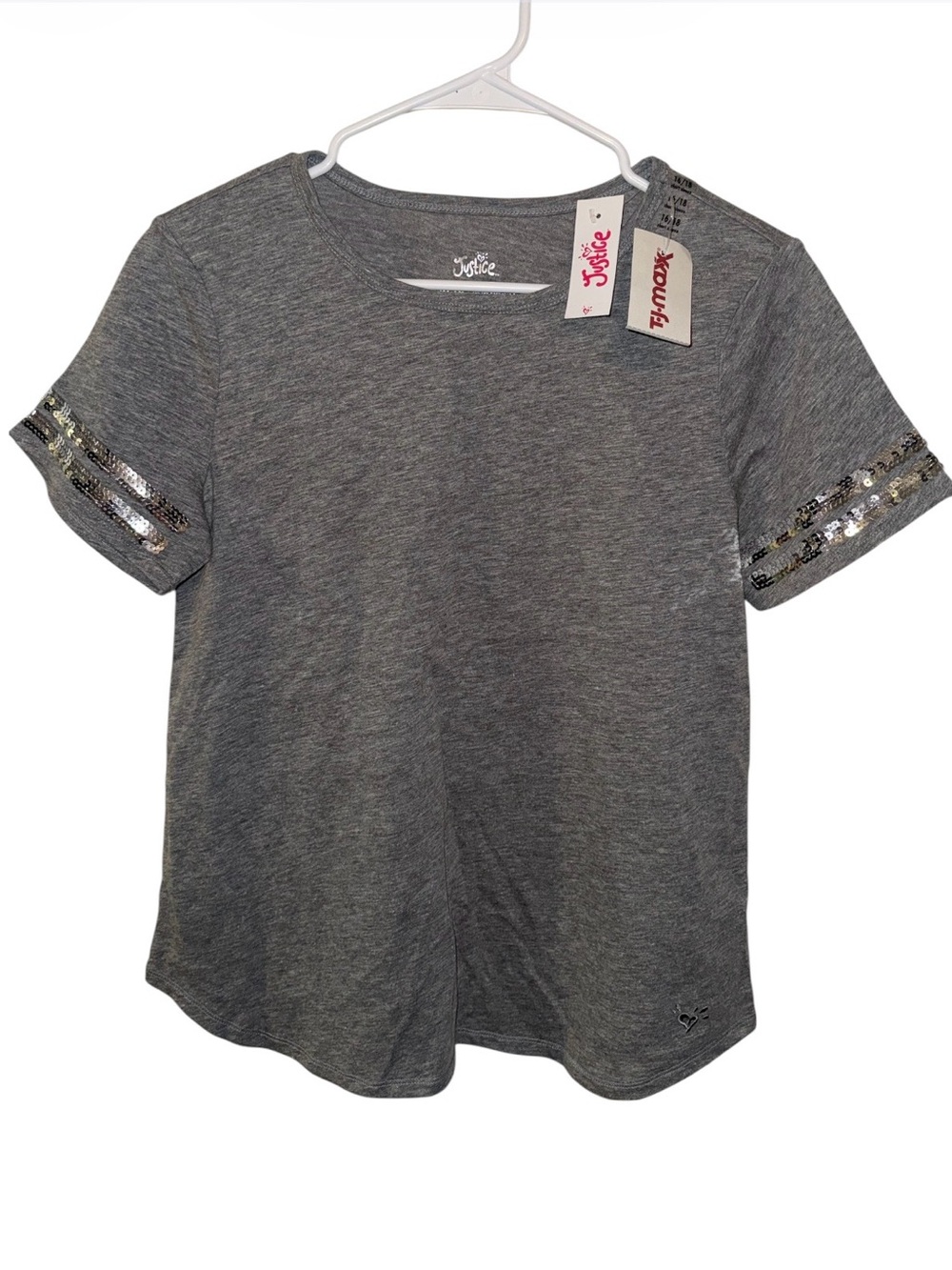 💎💎Justice Gray Short Sleeve Tee with Sequin Sleeve Stripes💎💎